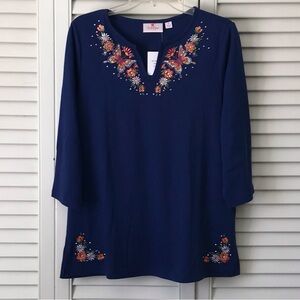 Quacker Factory Navy Floral Embroidered Blouse